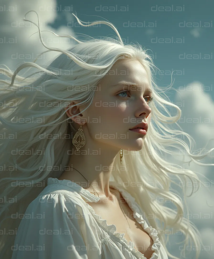 "Ethereal Woman with Flowing White Hair"
