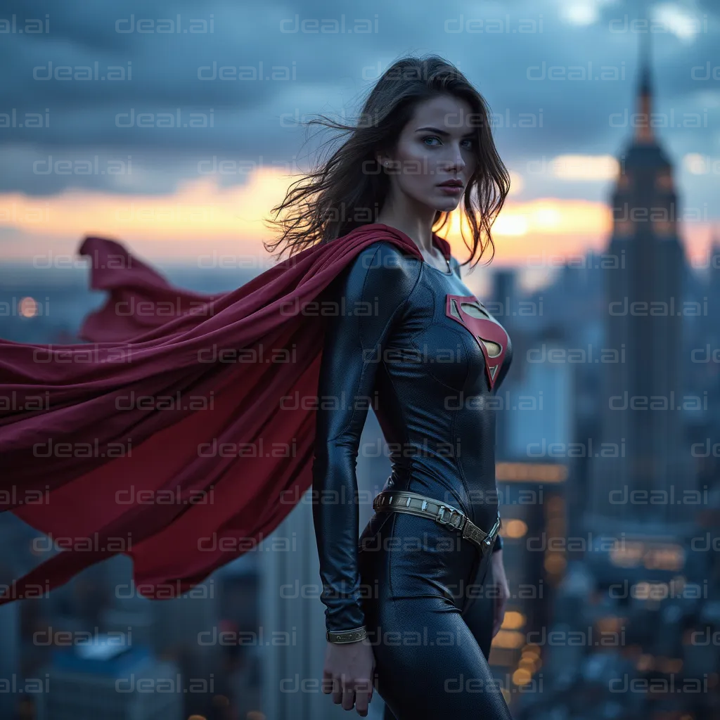 Superheroine at Sunset Over the City