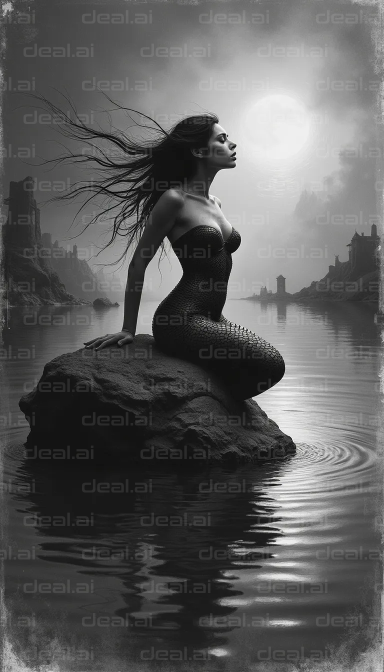 "Moonlit Mermaid on a Rocky Shore"