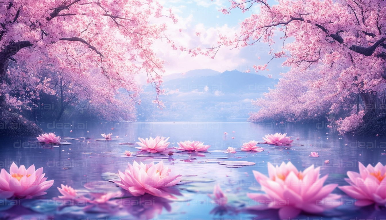 Blossoms and Lilies on Tranquil Lake