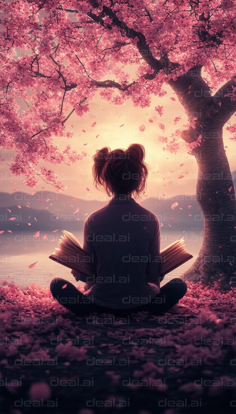 Reading Under Cherry Blossoms at Sunset