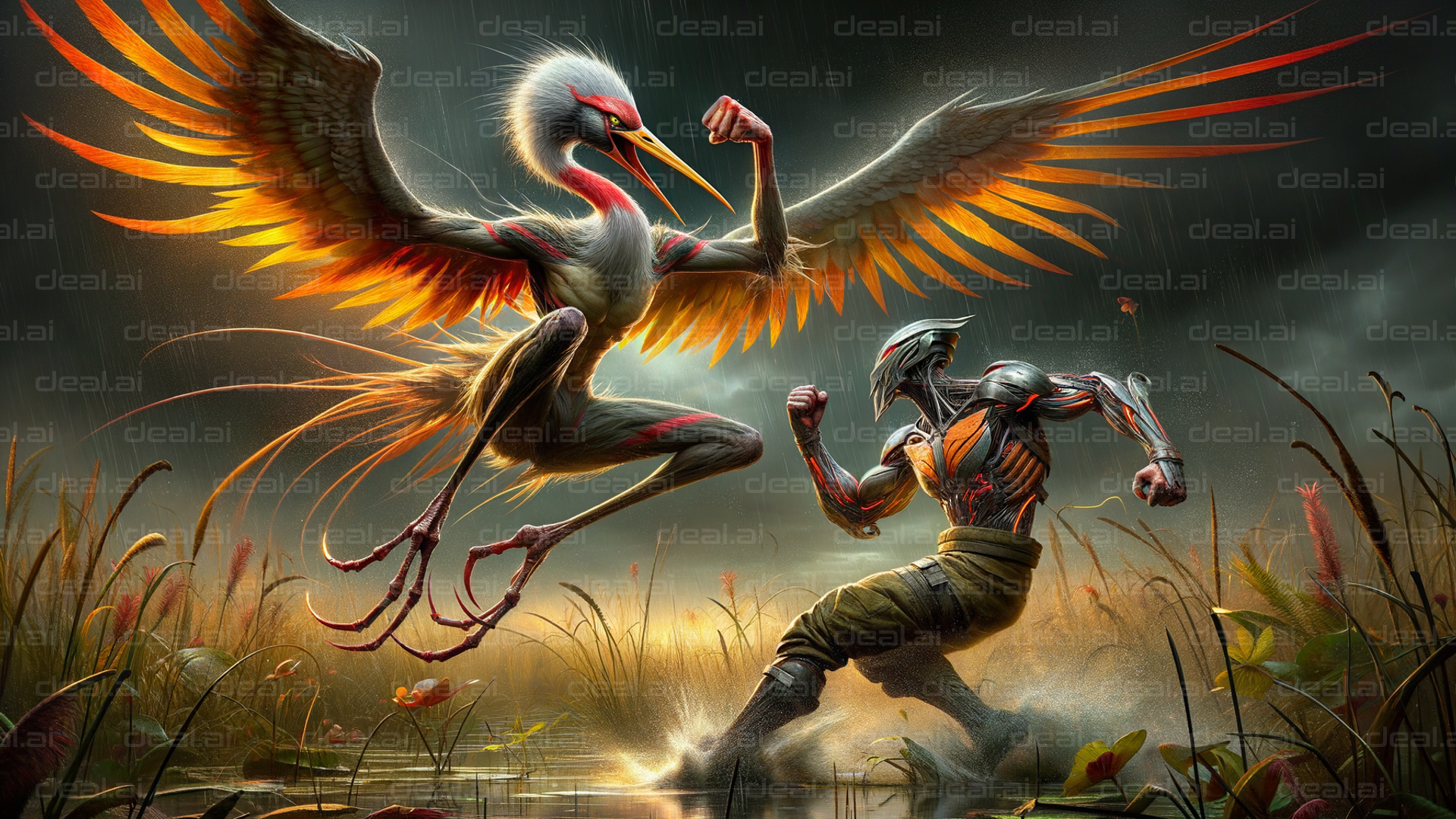 Epic Battle: Bird Warrior vs. Cyborg Fighter