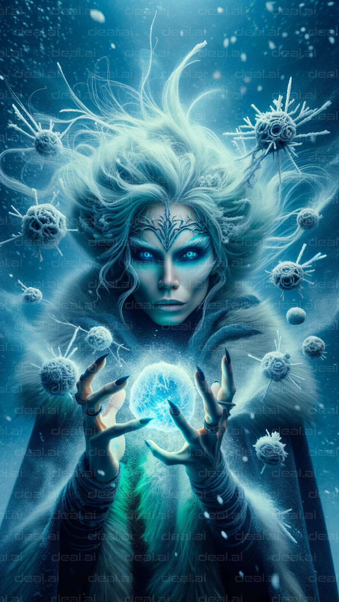 "Ice Sorceress Conjuring Magic Orb"