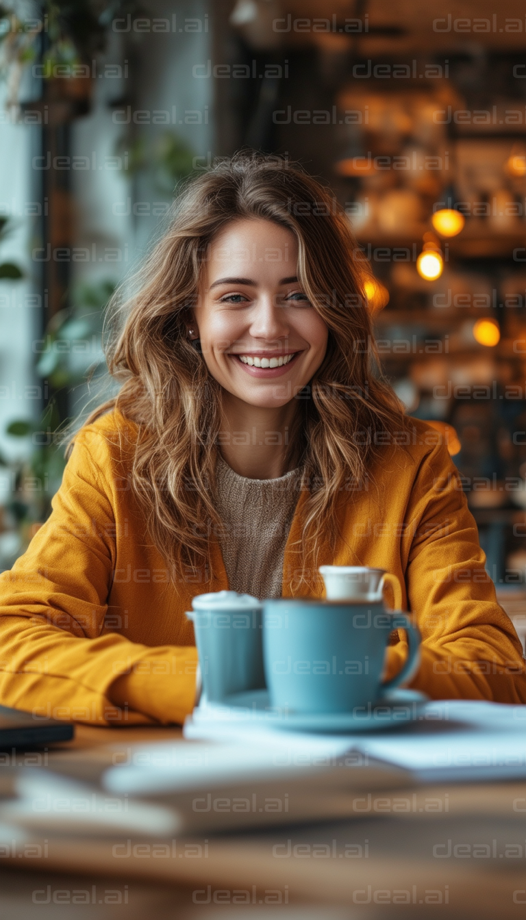 "Smiling Woman Enjoys Coffee at Café"