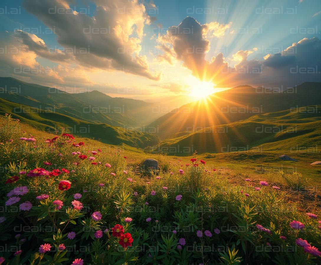 "Sunset Over a Blooming Meadow"