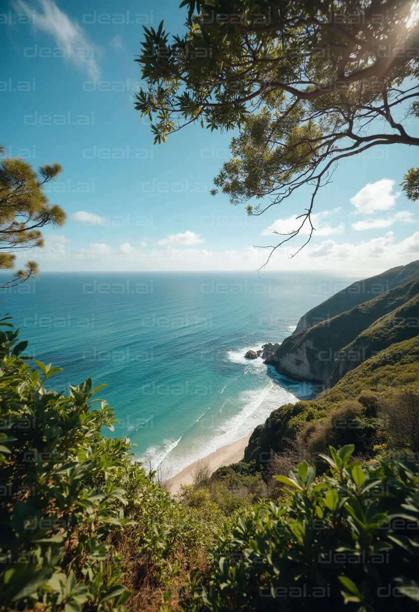 "Secluded Beachview Through Greenery"