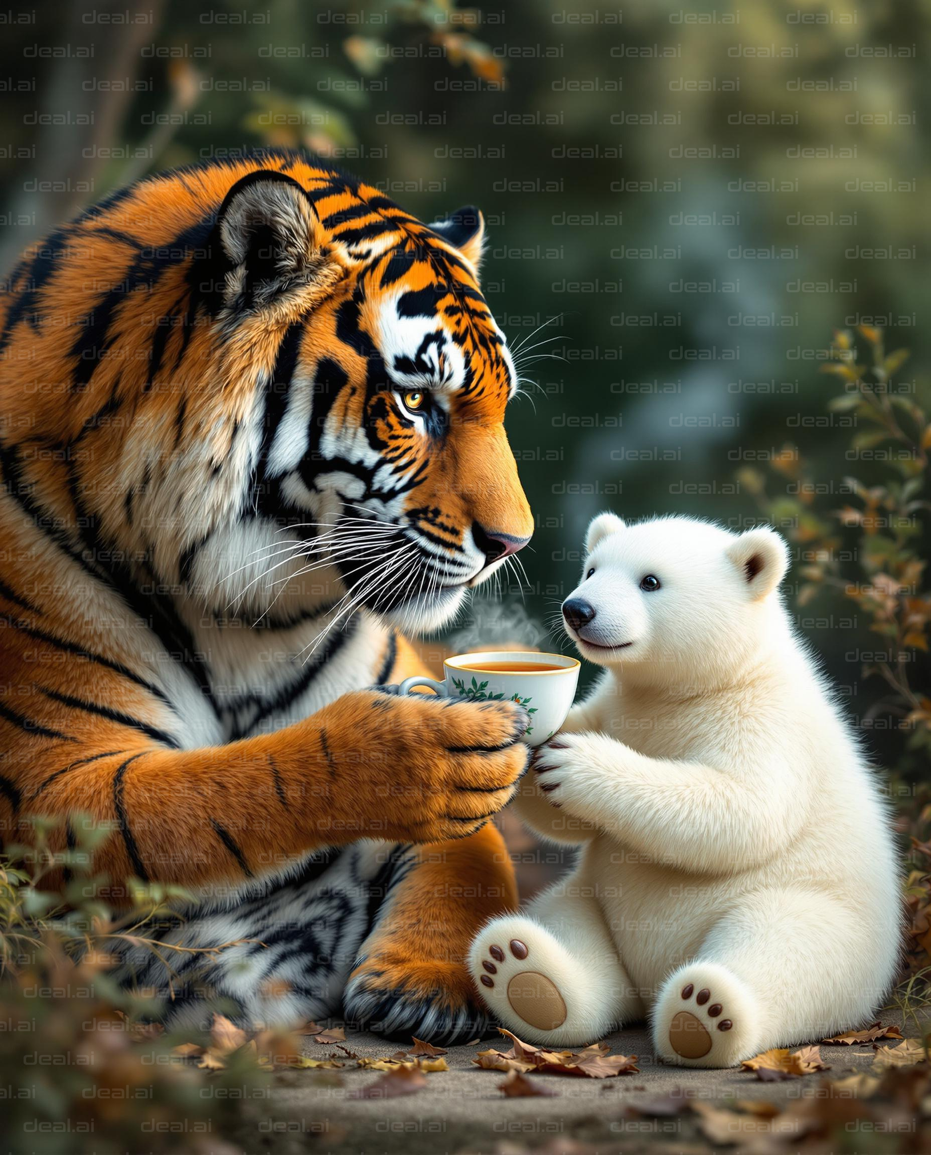 Tiger and Bear Enjoy Tea Time Together