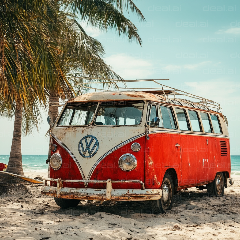 Vintage VW Van on a Beachfront