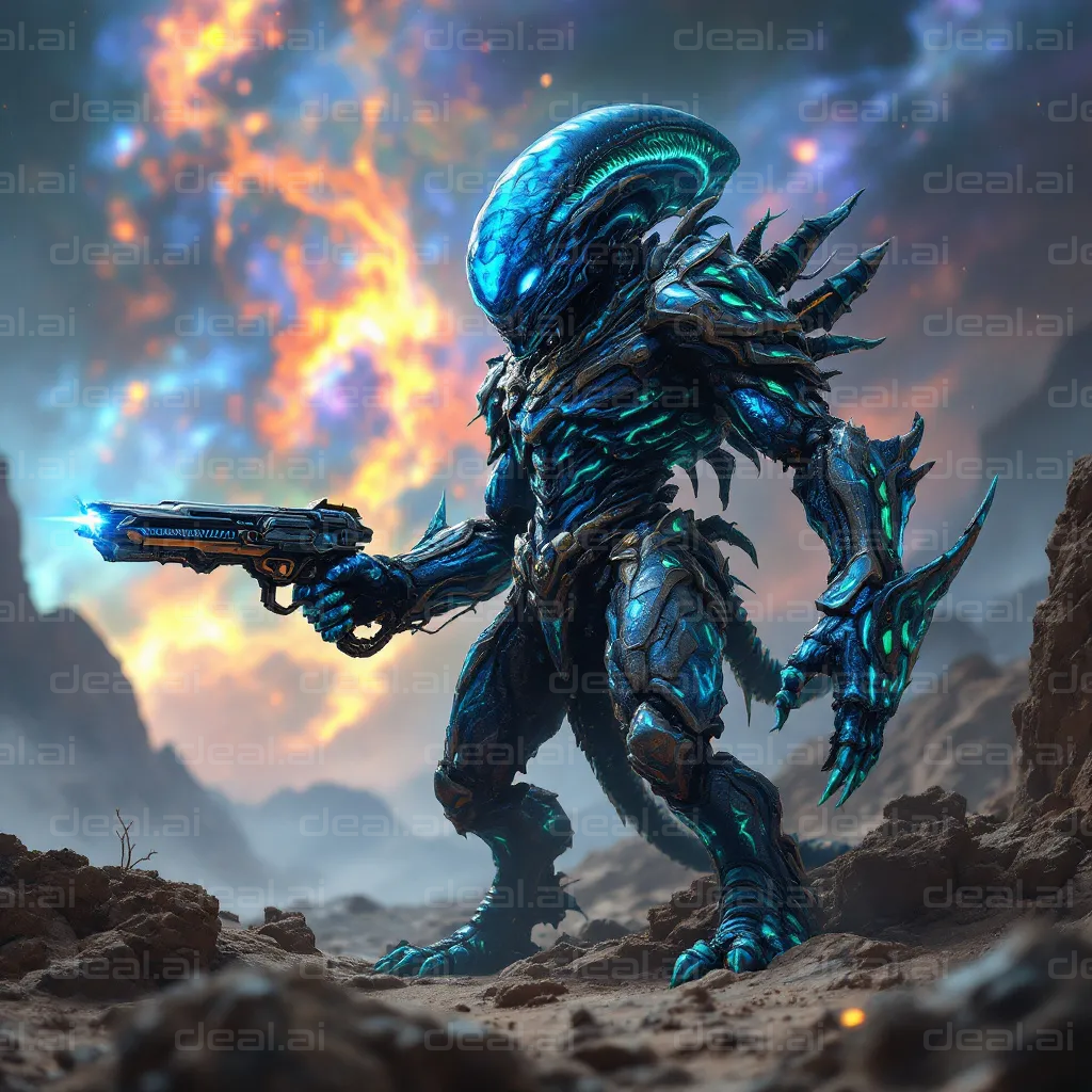 Alien Warrior in Fiery Landscape