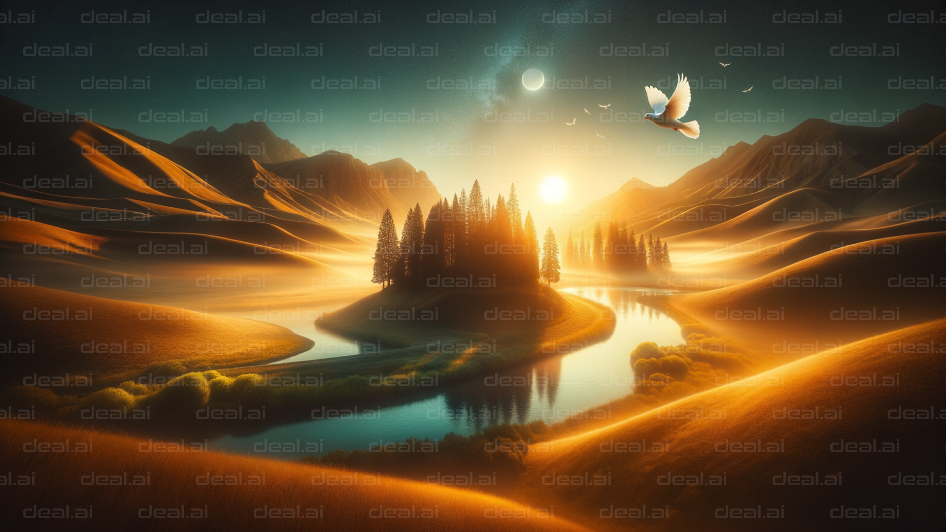 "Mystical Sunrise Over Rolling Hills"