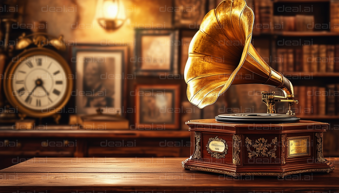 "Vintage Gramophone and Old Clock"
