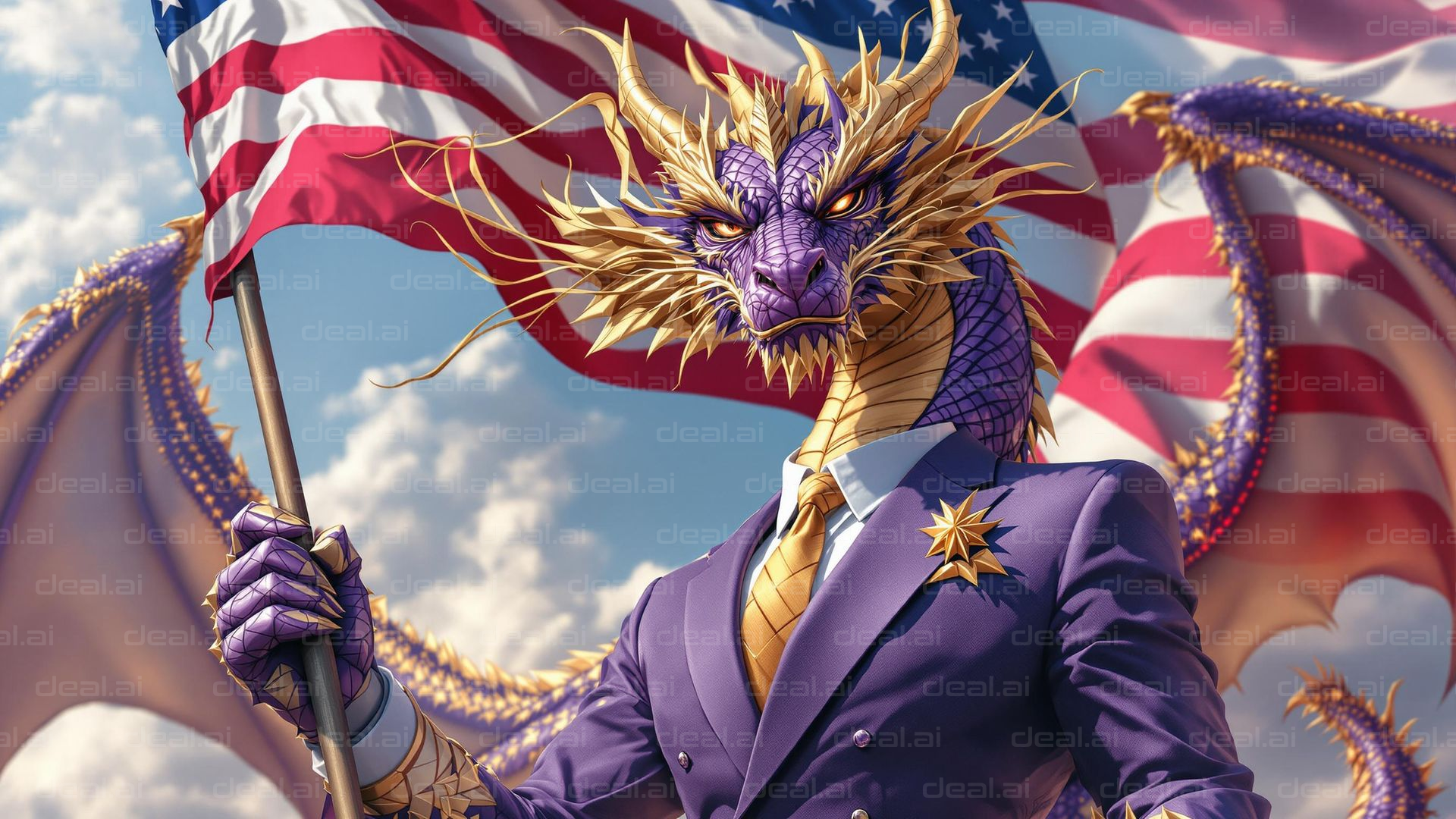 "Dragon in Suit Holding a Flag"