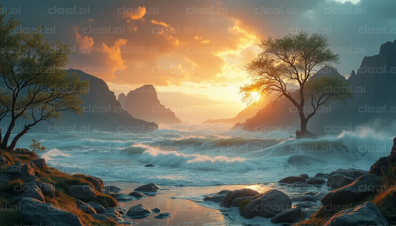 Sunset Waves and Tranquil Tree