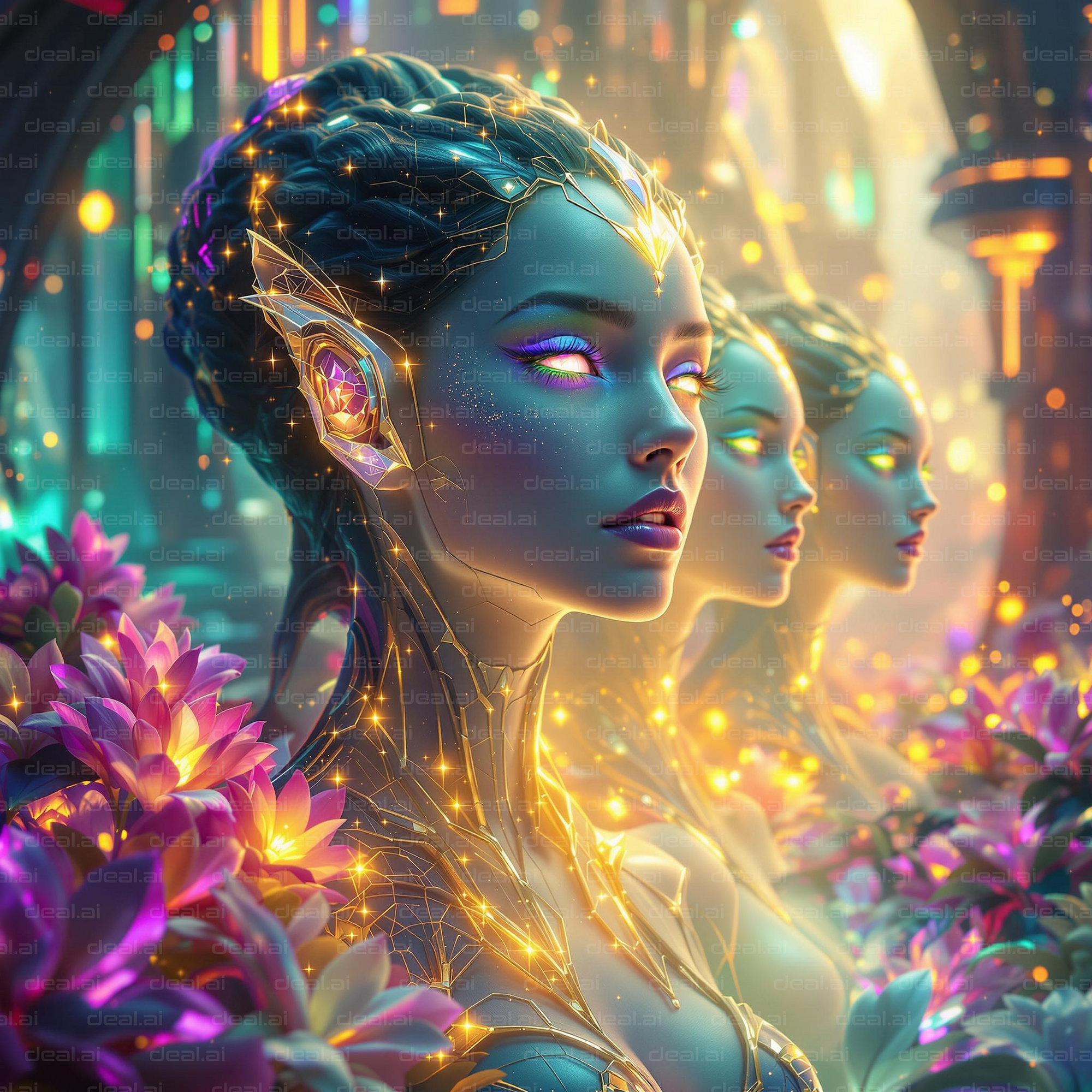 "Futuristic Cyborg Trio in Bloom"