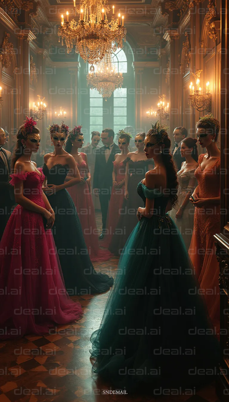 "Elegant Masquerade Ball in Grand Hall"