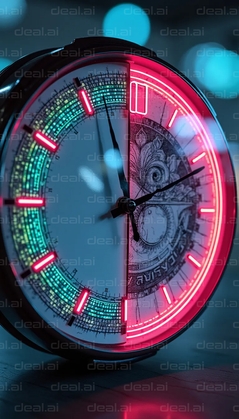 Neon-Illuminated Clock in Dark Room