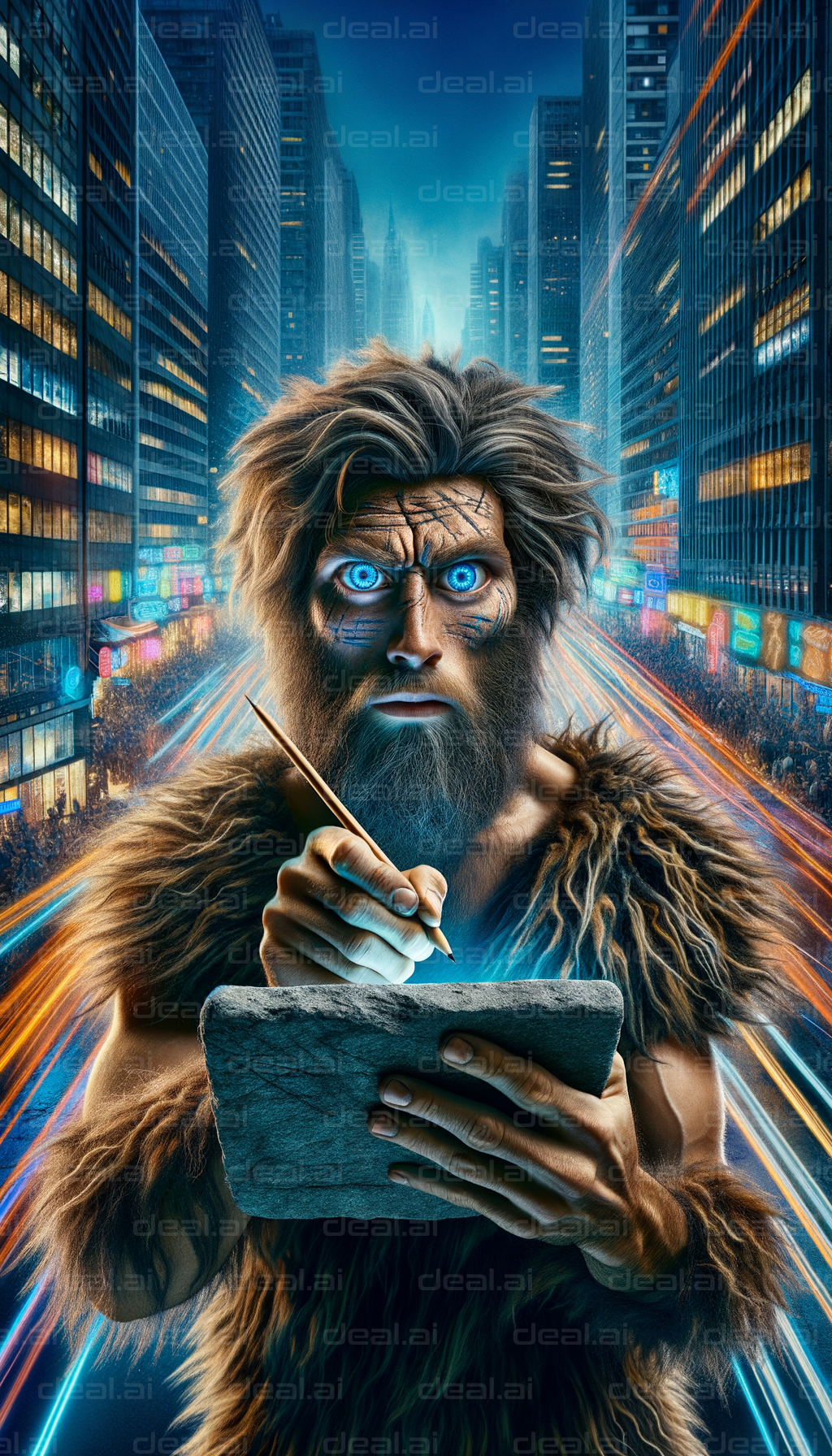 "Caveman in Modern City Writing on Tablet"