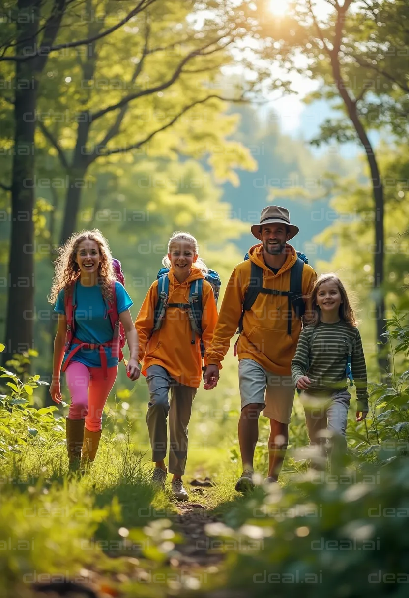 Family Hiking in a Sunlit Forest