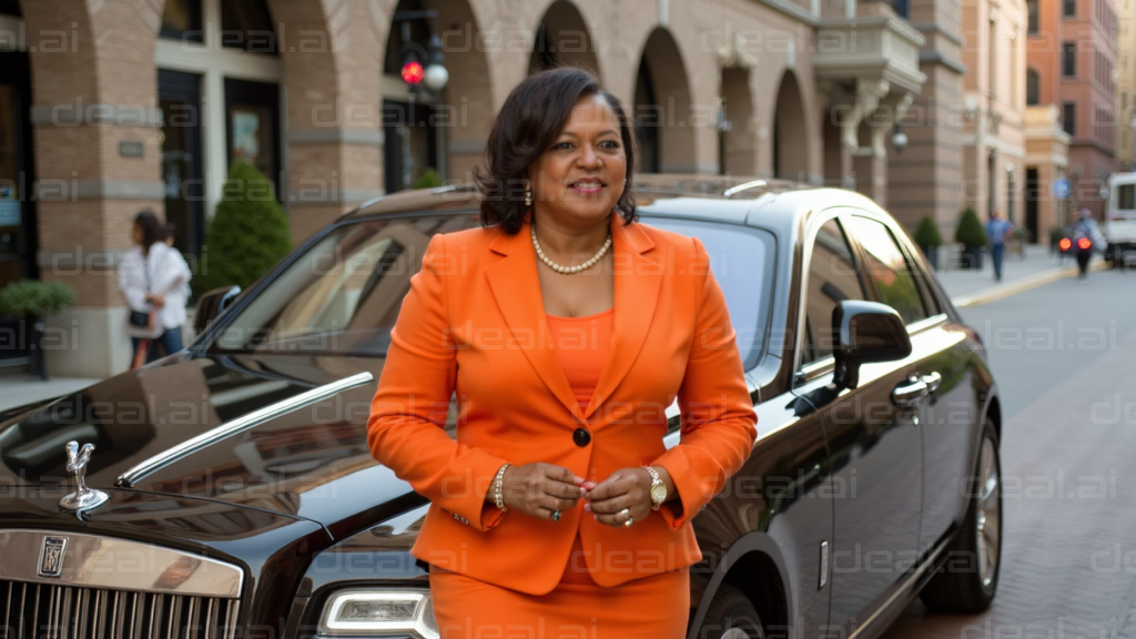 Elegance in Orange by a Luxury Car