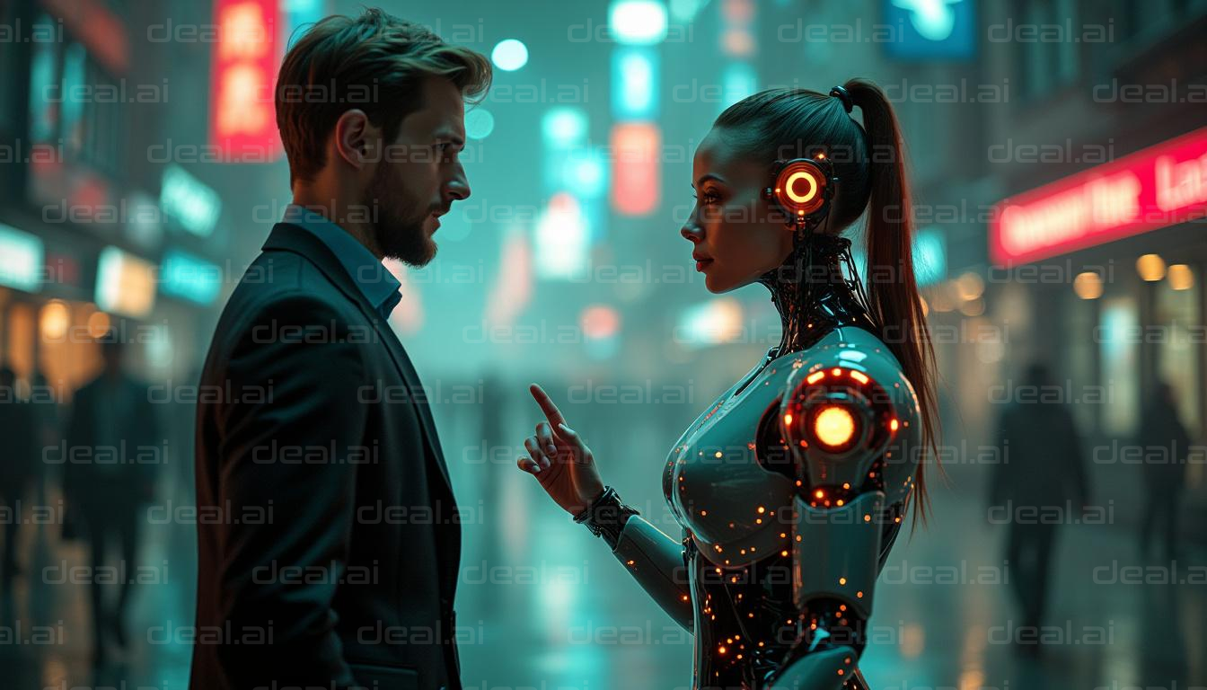 "Man and Robot Face Off in Neon City"