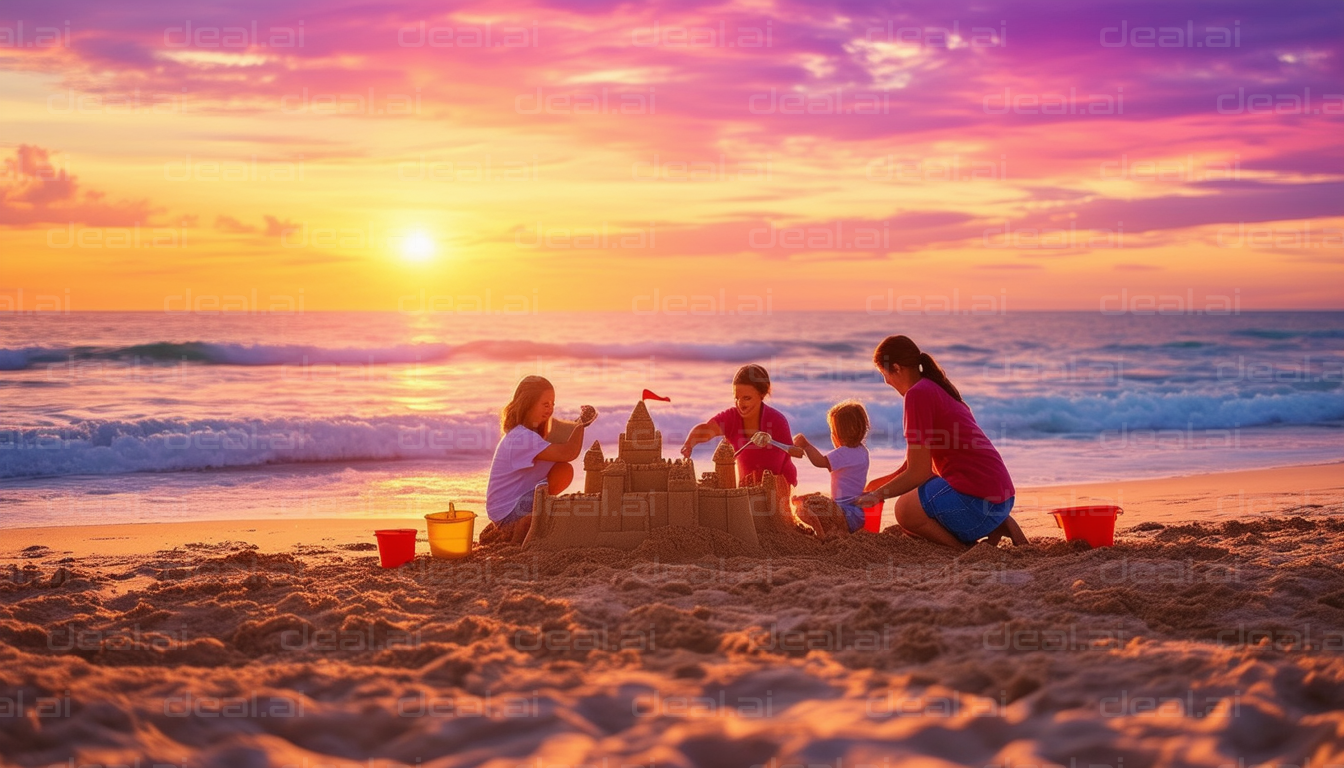 Family Building Sandcastle at Sunset