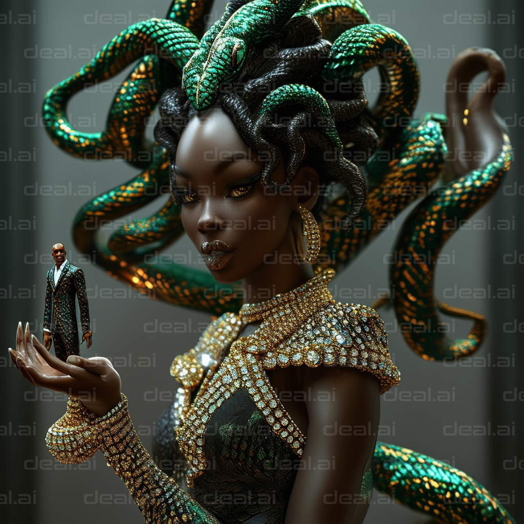 "Elegant Medusa with Miniature Man"