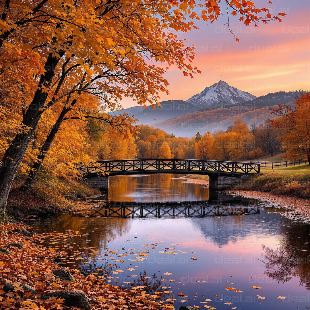Autumn Bridge and Mountain Scene