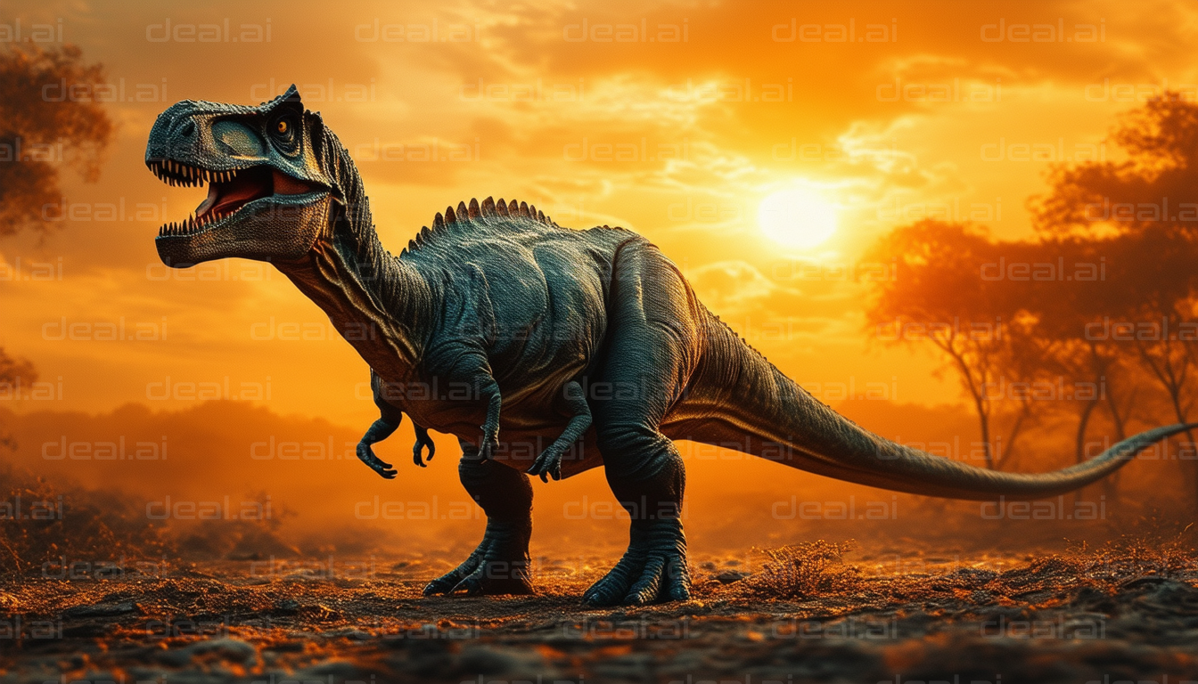"Dinosaur Roaming at Sunset"