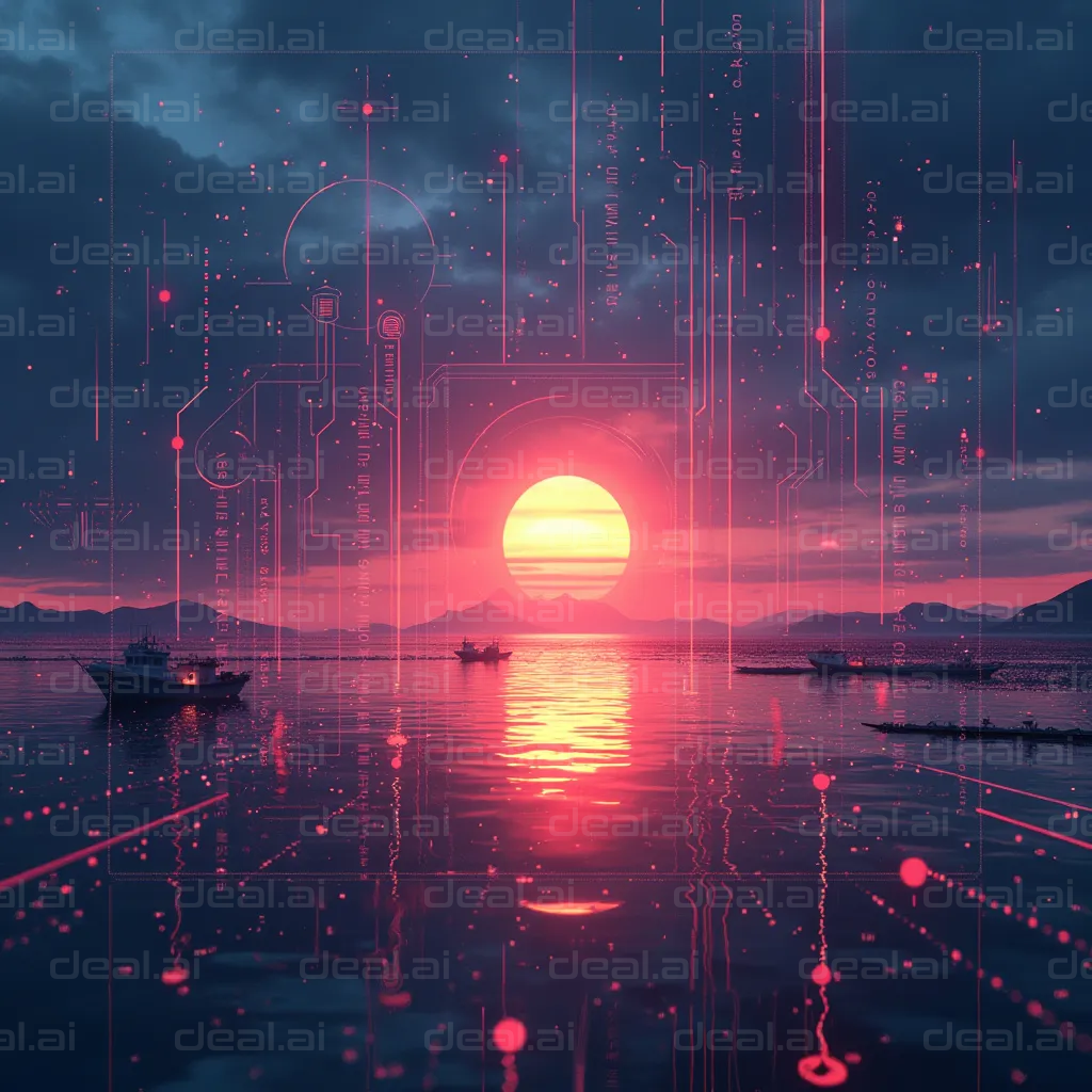"Digital Sunset Over Serene Waters"