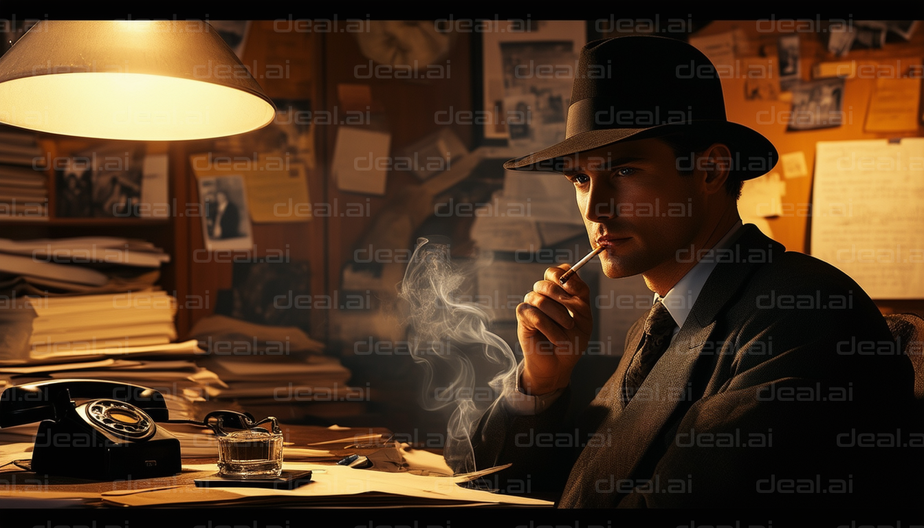 "Classic Detective in Dimly Lit Office"