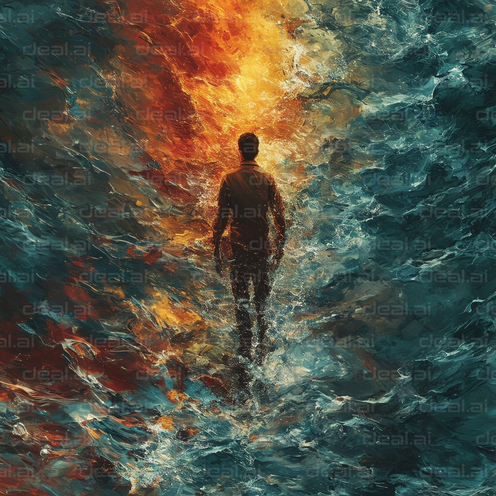 "Man Walking Through Fiery Ocean Waves"