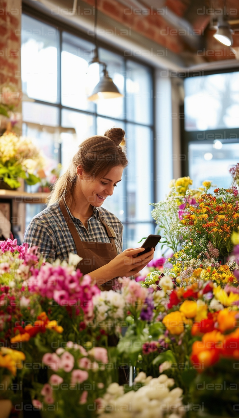 Florist Joyfully Checks Phone Messages