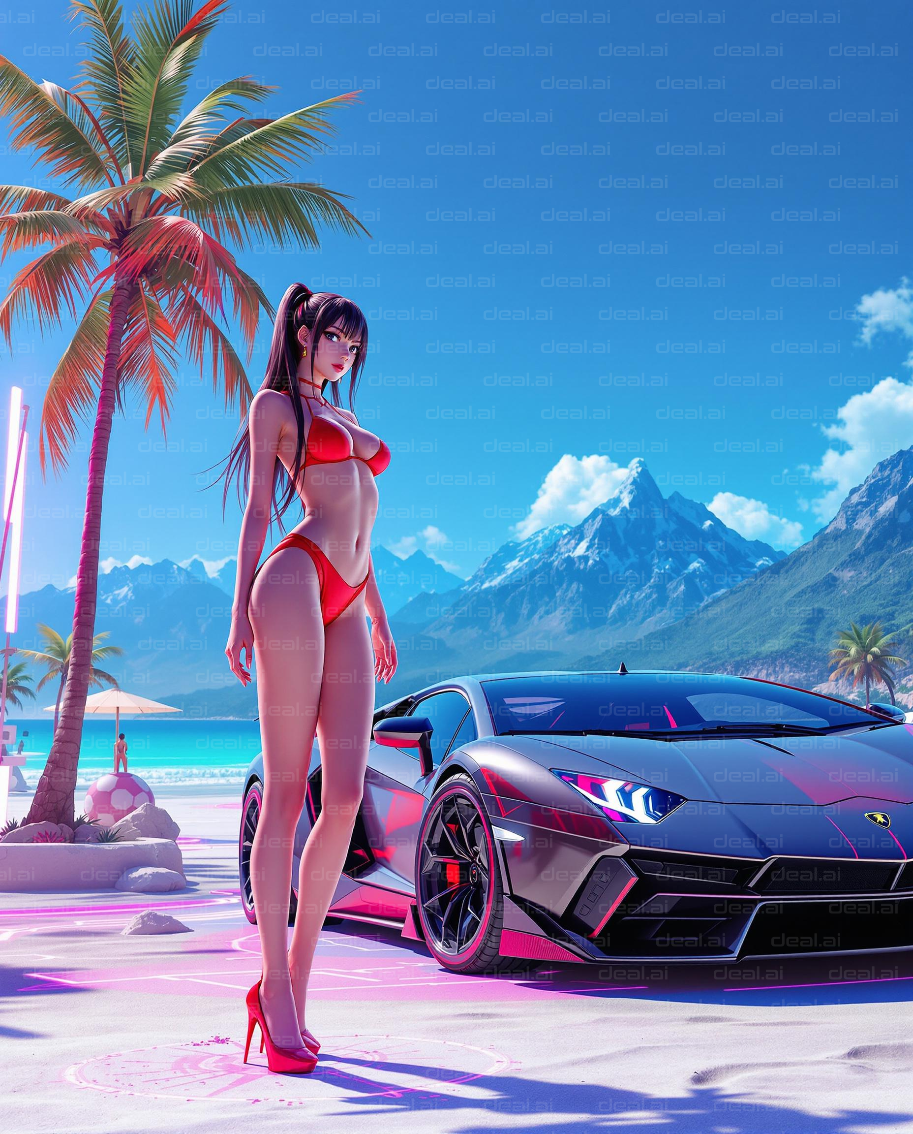 "Beach Vibes: Bikini & Sports Car"