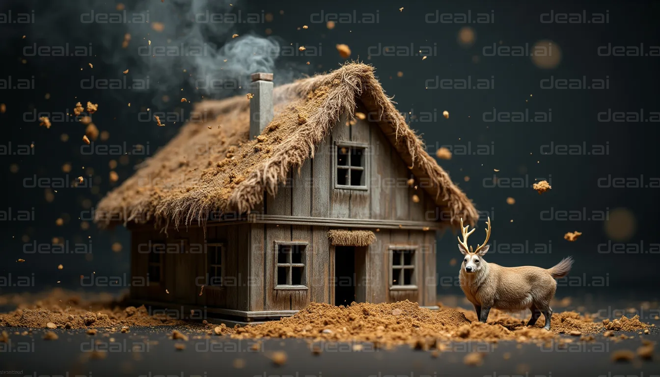 "Enchanted Cottage with Deer at Dusk"