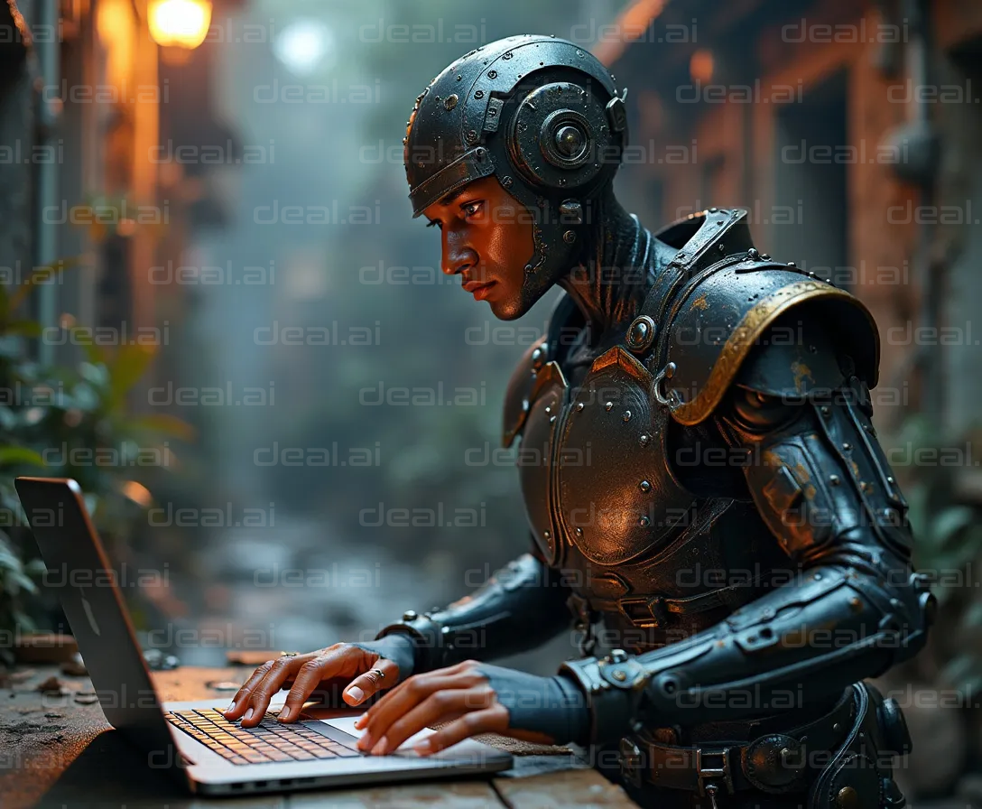 Cyborg Typing in Alleyway Scene