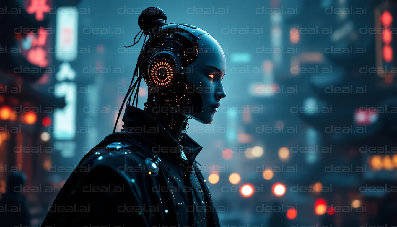 Futuristic Cyborg in Neon Cityscape