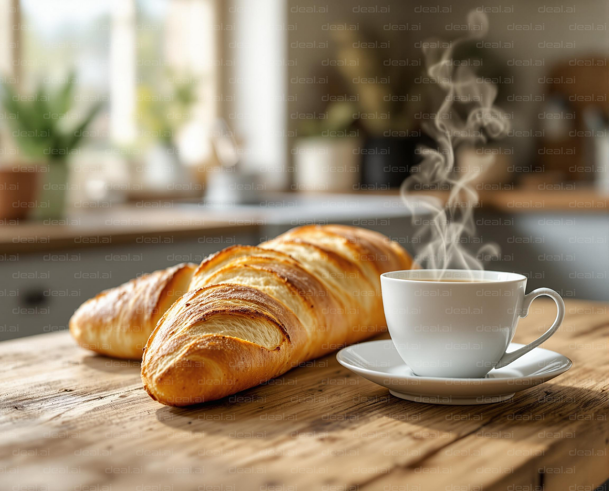 Steaming Coffee and Fresh Baguette