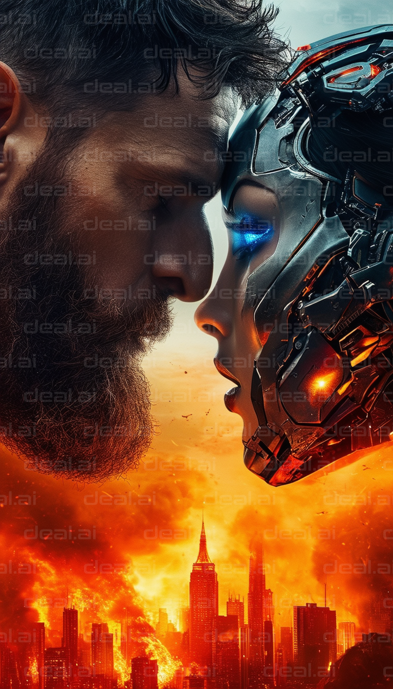 "Man and Cyborg in Fiery Apocalyptic City"