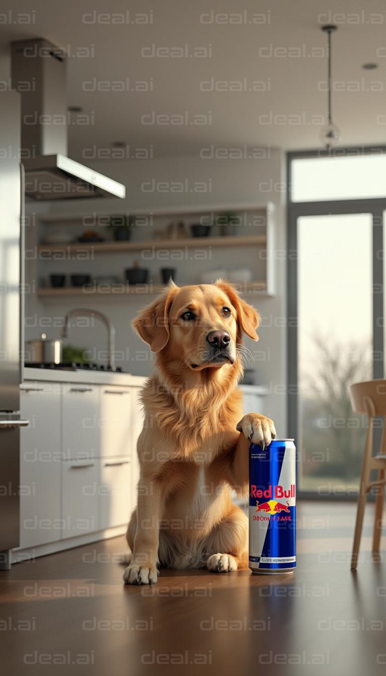 Golden Retriever with Red Bull in Kitchen