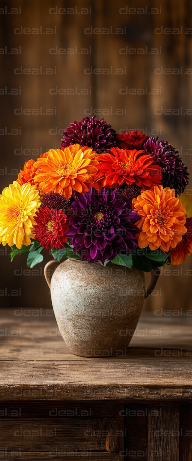 "Vibrant Flowers in a Rustic Vase"