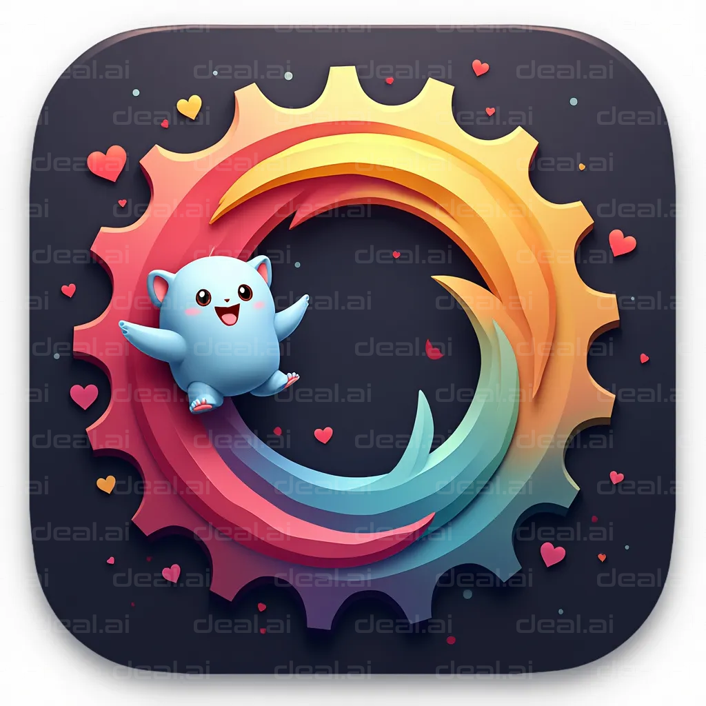 "Colorful Cat in Gear with Hearts"