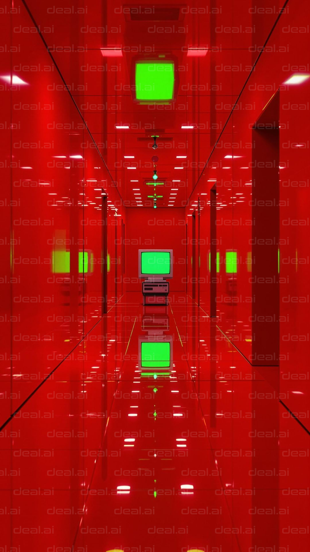 "Futuristic Red Hallway with Screen"