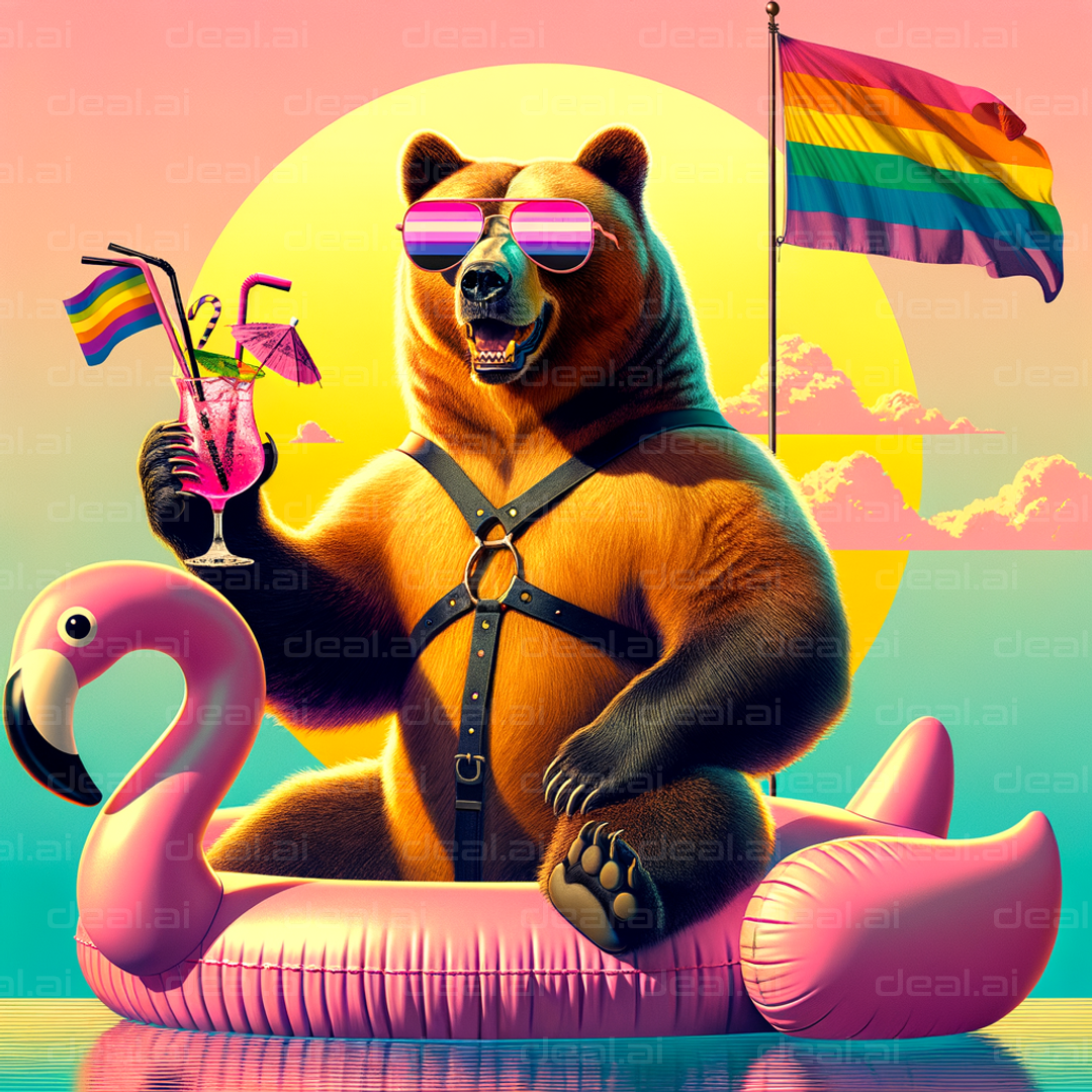 Pride Bear Relaxing on a Flamingo Float