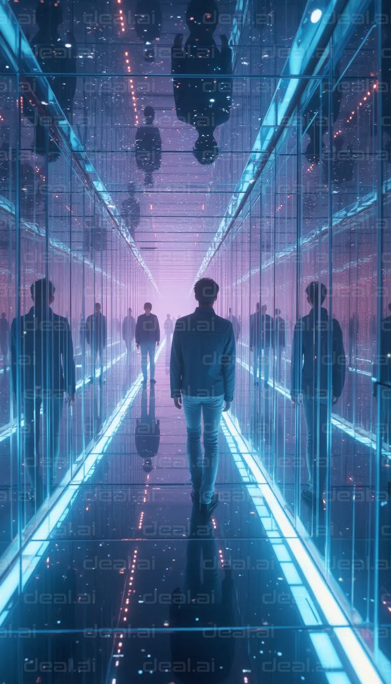 "Man Walking Through Infinity Mirrors"