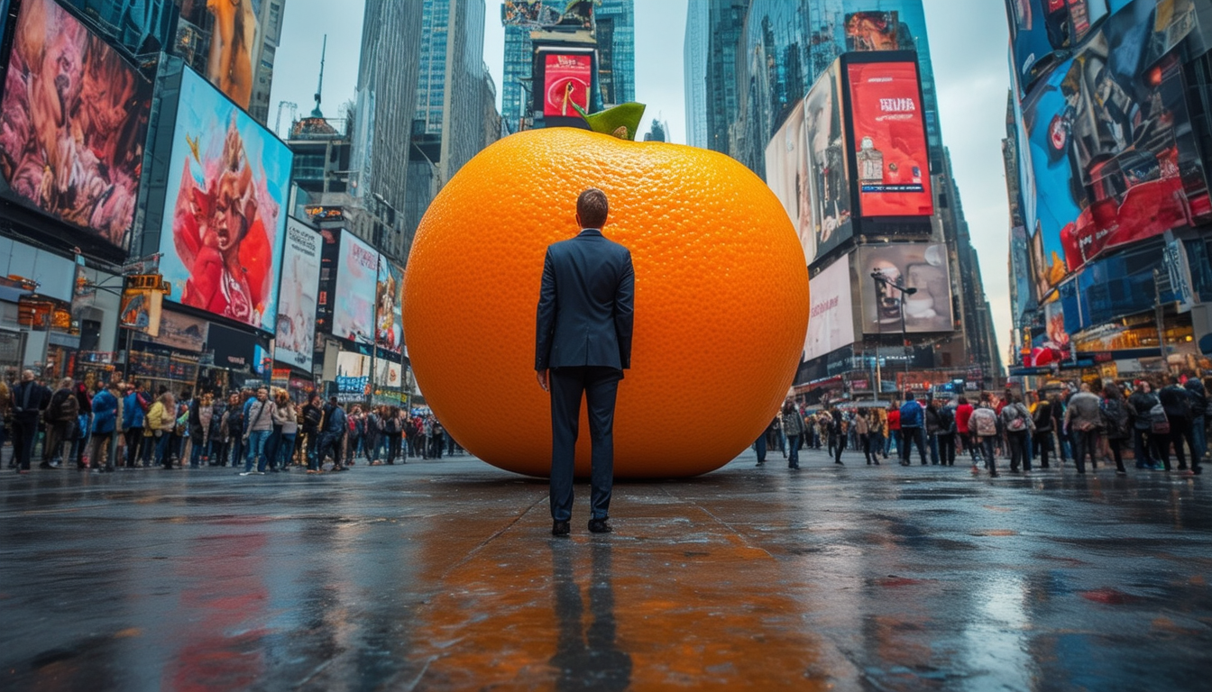 Man Stands Before Giant Orange in City