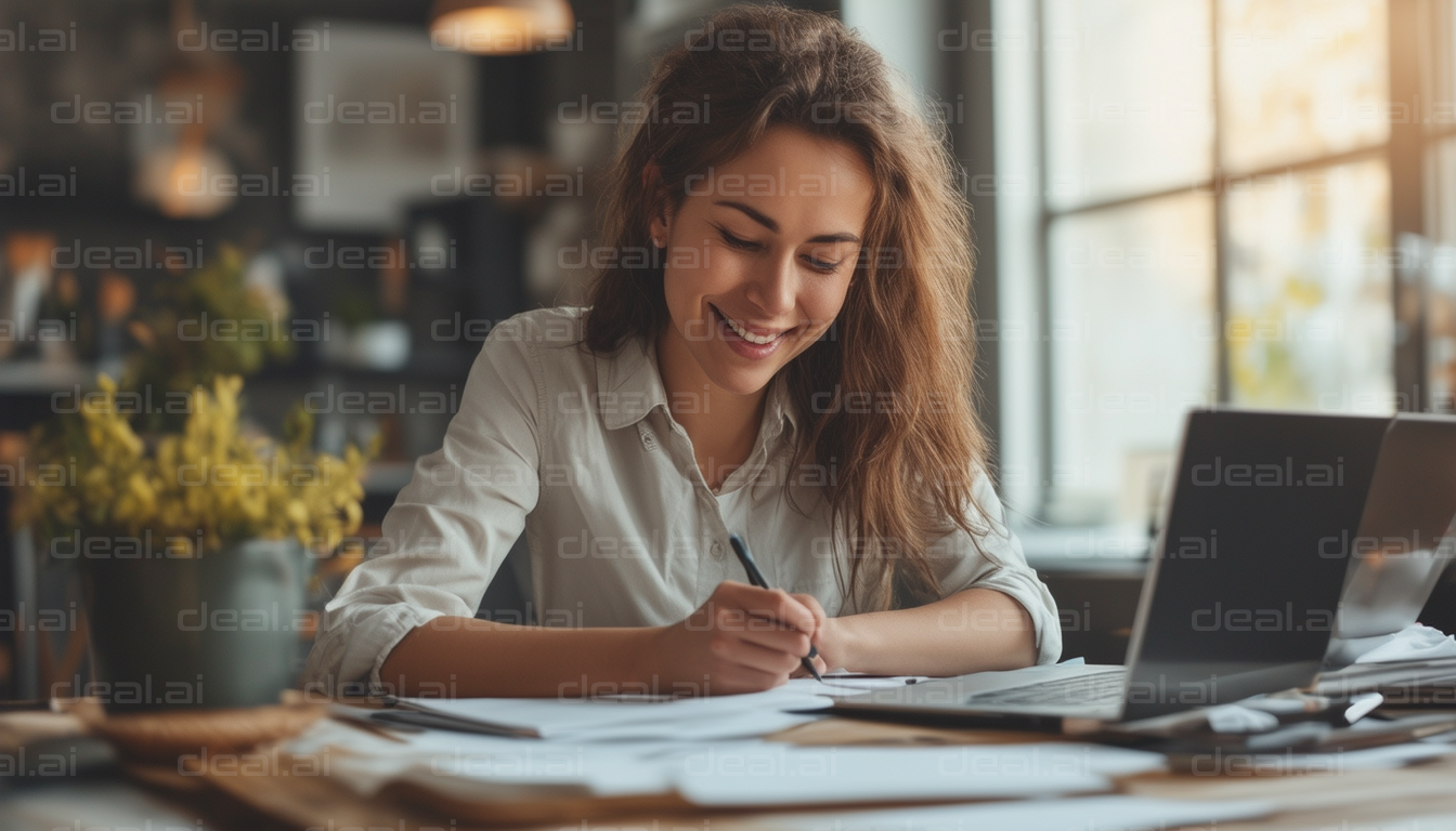 "Smiling Woman Working at a Cozy Office"