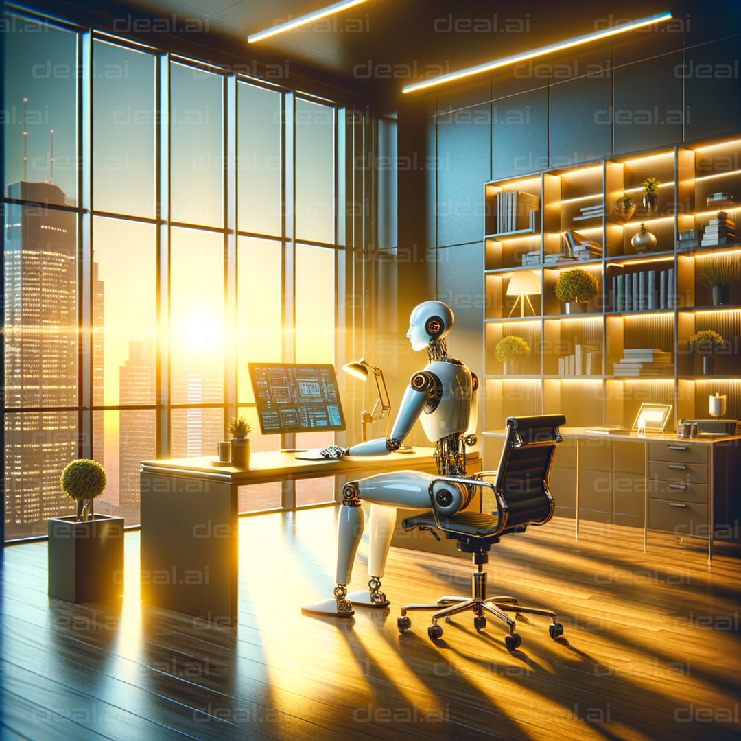 "Robot in Modern Office at Sunrise"