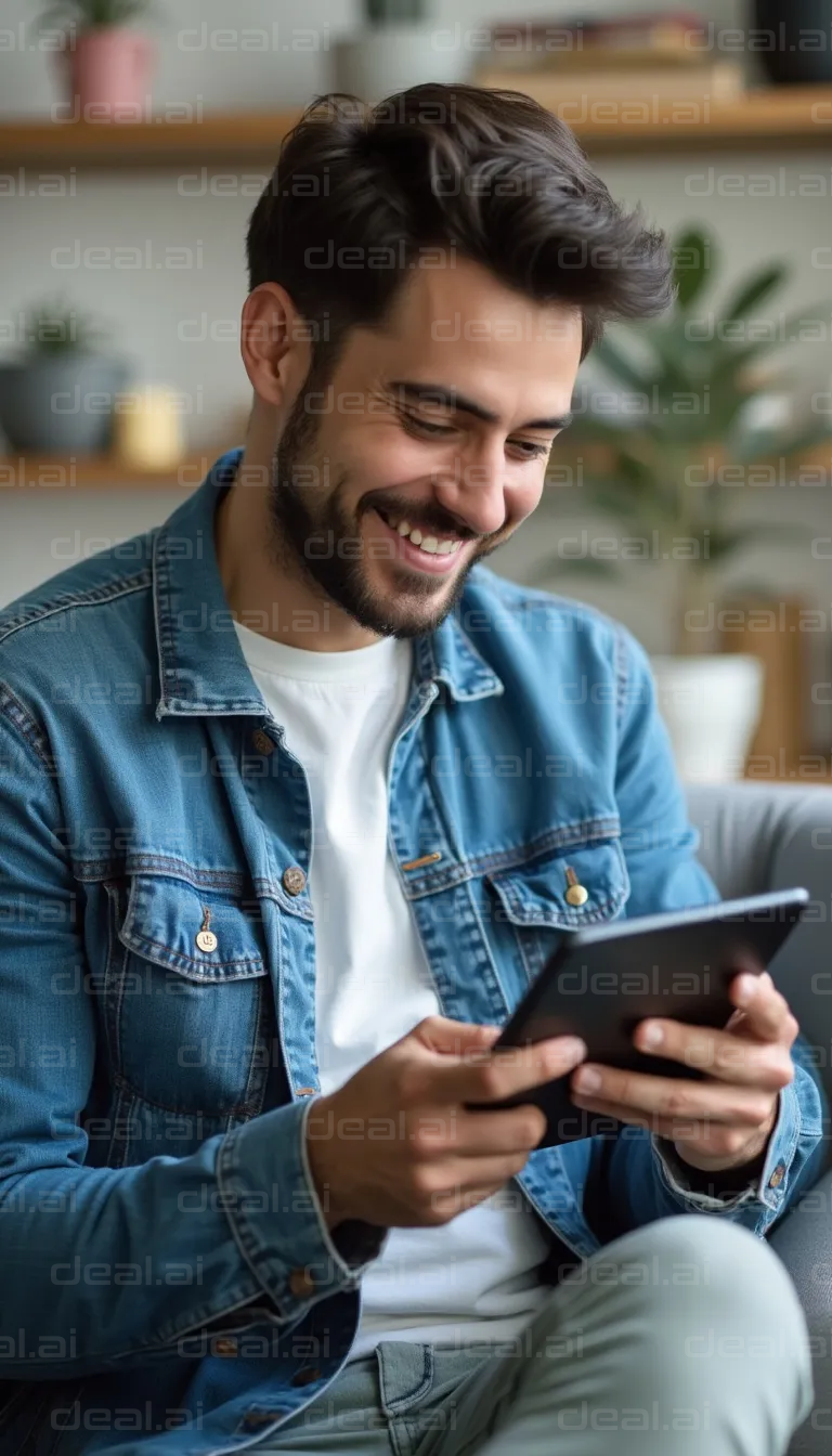 Man Smiling While Using a Tablet