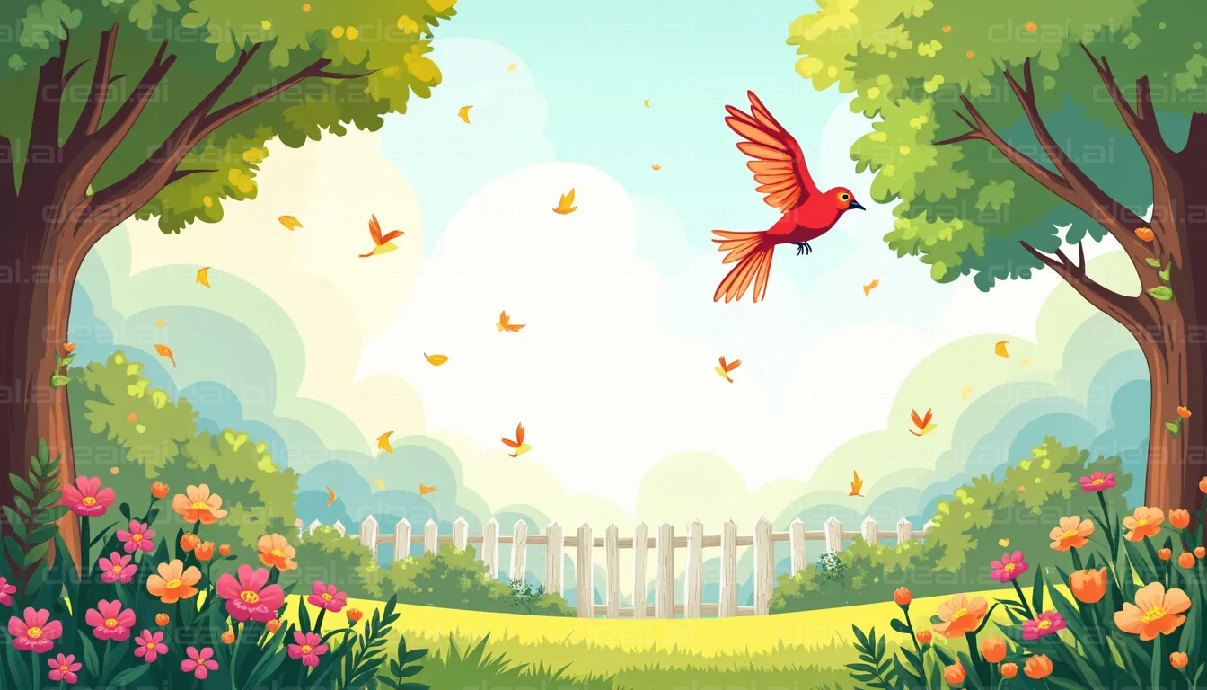 "Tranquil Garden with Vibrant Bird"