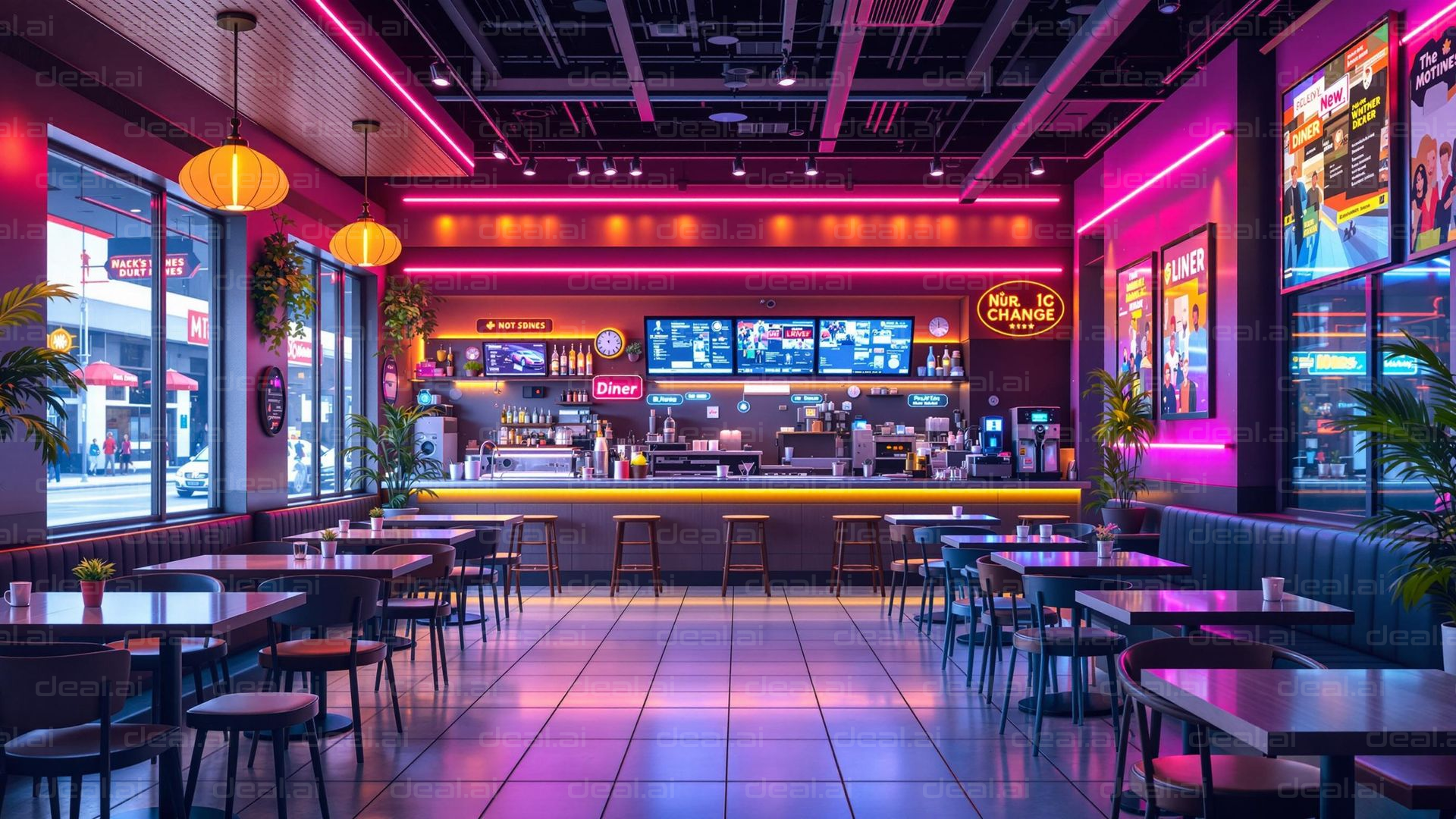 Neon-Lit Modern Diner Interior